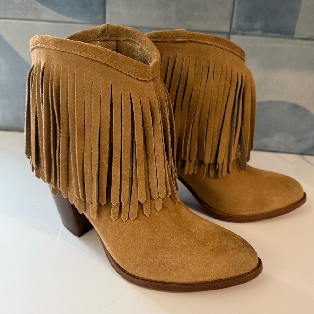 Frye Tan Suede Fringe Ankle Booties
